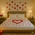 bedroom decorated with red flowers and candles for first night
