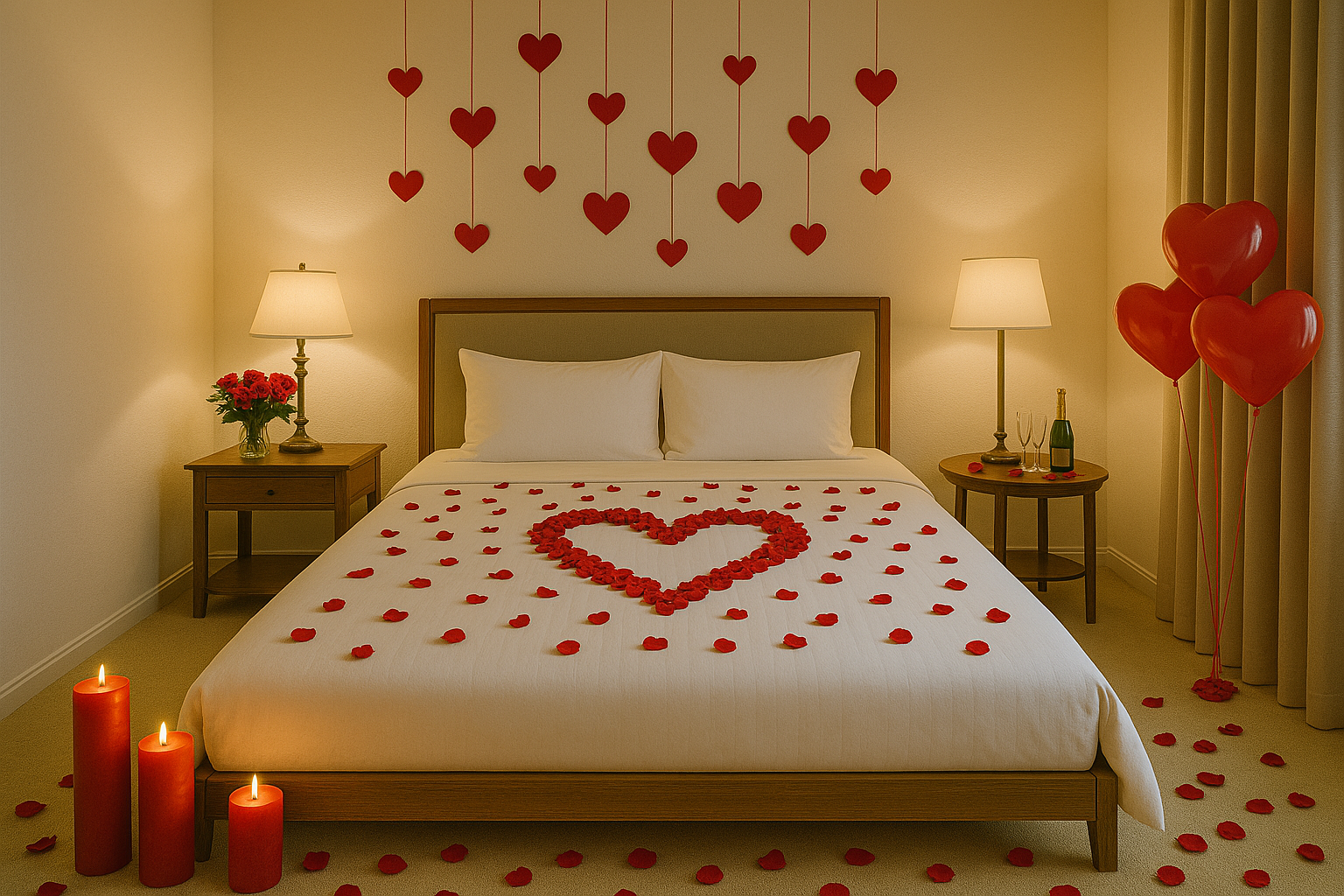 bedroom decorated with red flowers and candles for first night