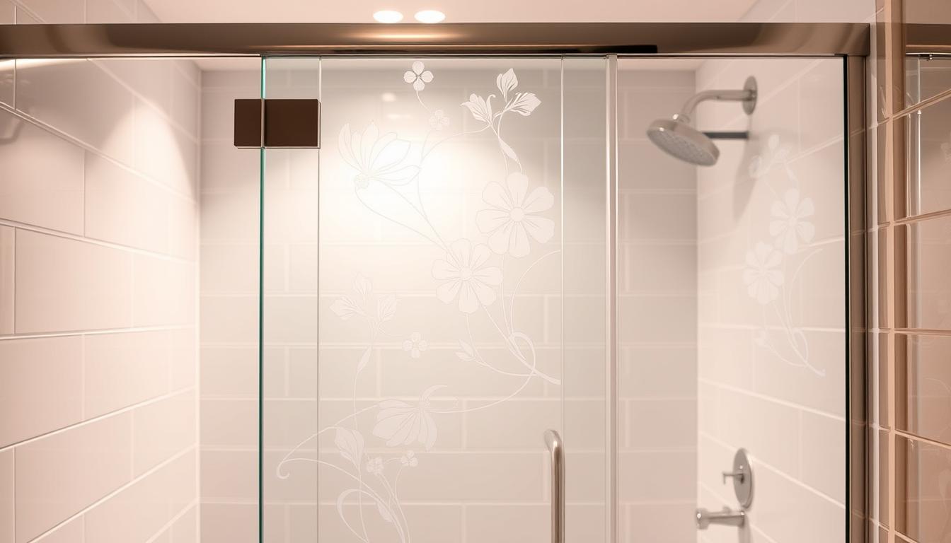 A beautifully designed glass shower door with intricate floral patterns elegantly etched into the transparent panels new decoration ideas How to decorate a bathroom with glass shower doors