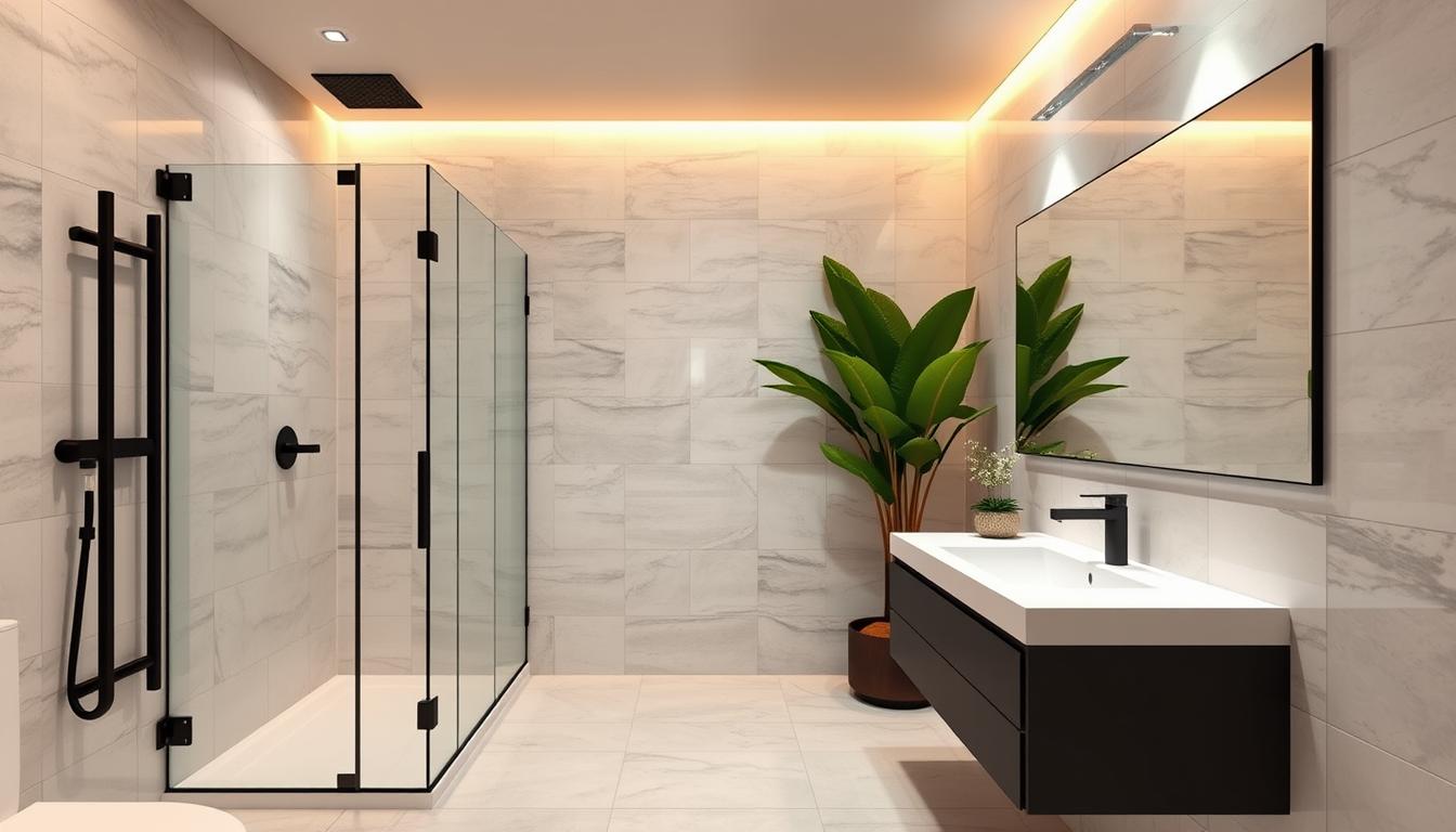 he shower features frameless tempered glass panels giving a seamless high end appearance. how to decorate a bathroom with glass shower doors in 2025 new decoration ideas