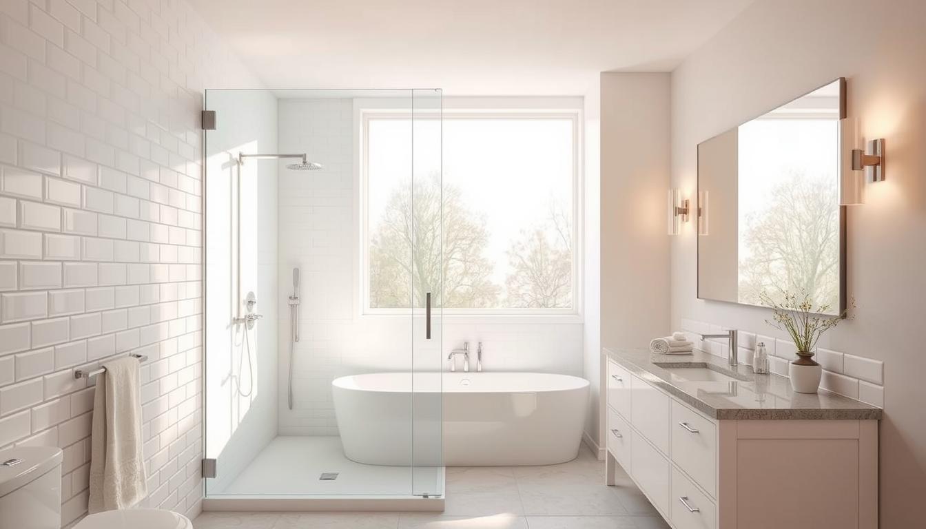 a glass shower door design in a modern minimalist bathroom. how to decorate a bathroom with glass shower doors in 2025