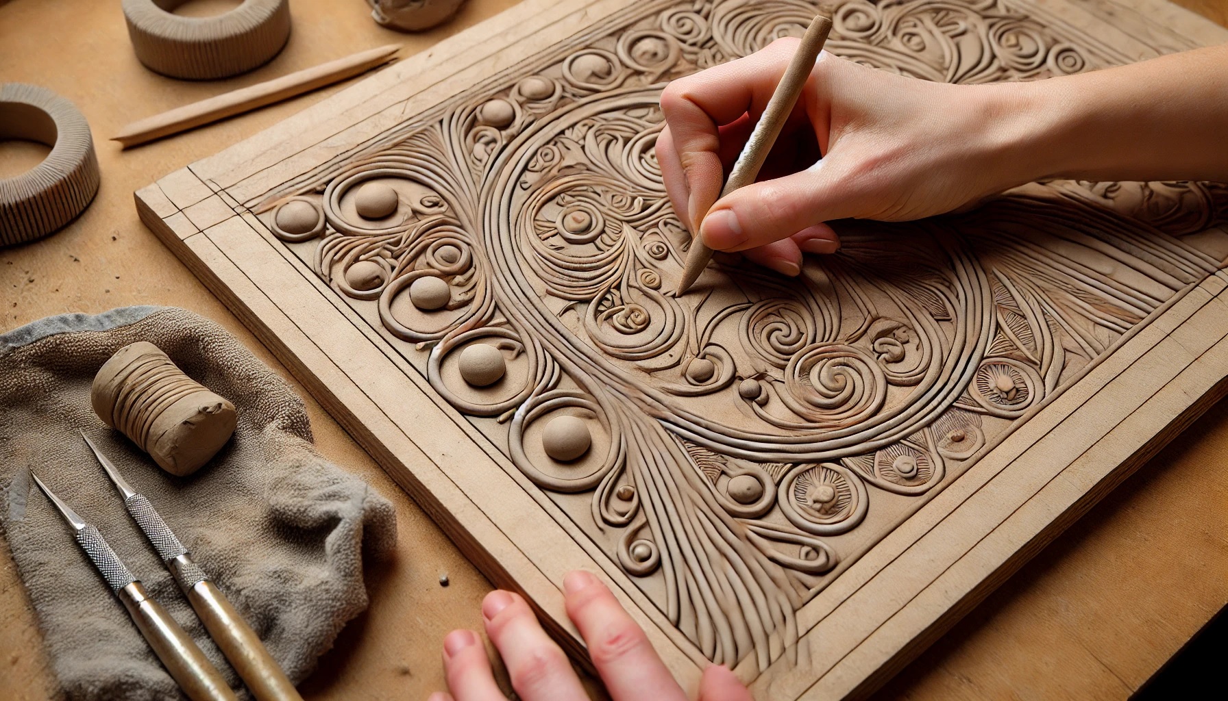 Applying clay ropes over the sketched design for your Lippan Kaam artwork