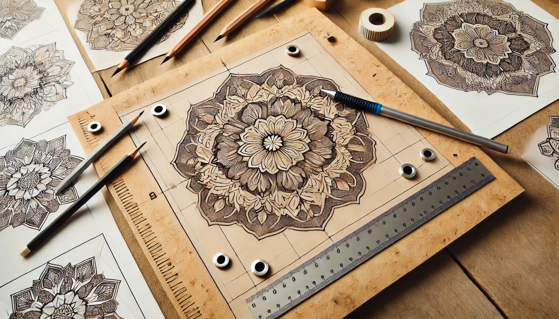 Sketching your Lippan Kaam design with floral and geometric patterns marked for mirror placement